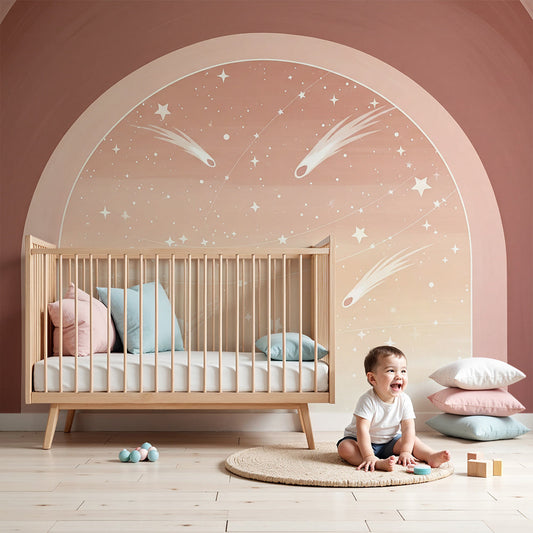 Kids-Mundo shooting star arch wall mural with peach pink sky in a soft nursery bedroom