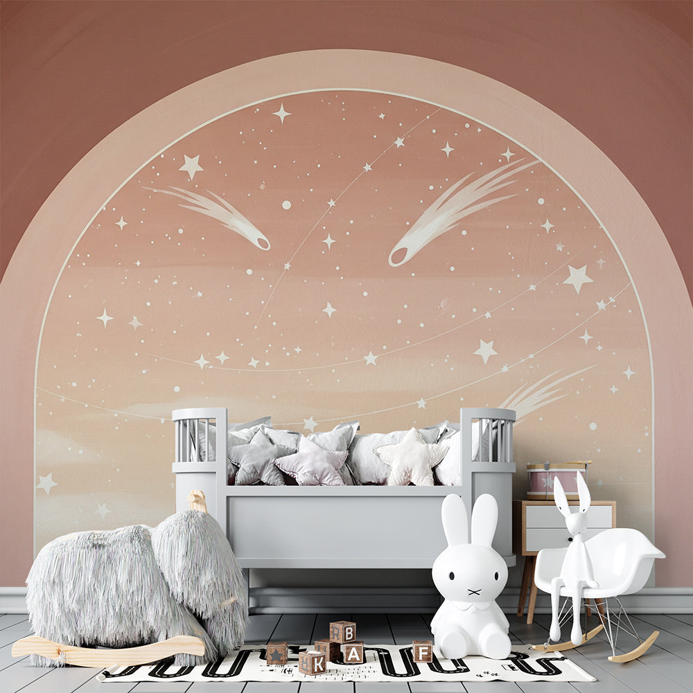 Kids-Mundo shooting star arch wallpaper design shown in a cosy playroom setting