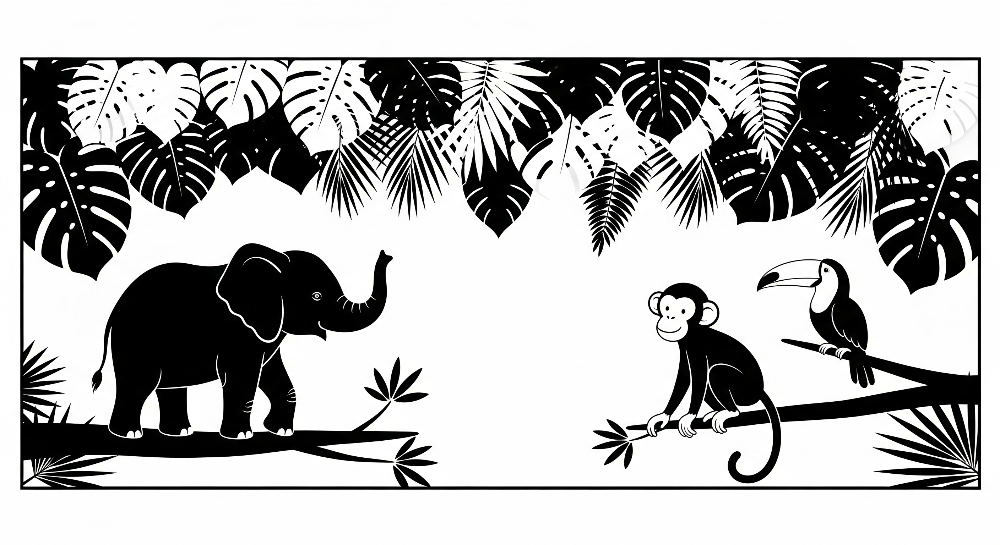 Elephant, Monkey and Toucan Silhouette Wall Mural