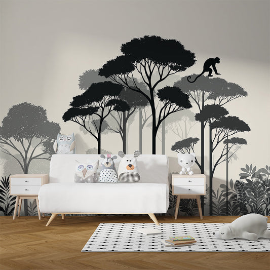 Kids-Mundo misty forest monkey silhouette mural styled in a child's bedroom