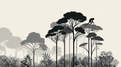 Kids-Mundo flat artwork of a monkey silhouette crossing a misty forest canopy mural