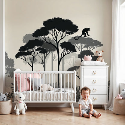 Kids-Mundo monkey silhouette forest wall mural made to measure for a baby nursery