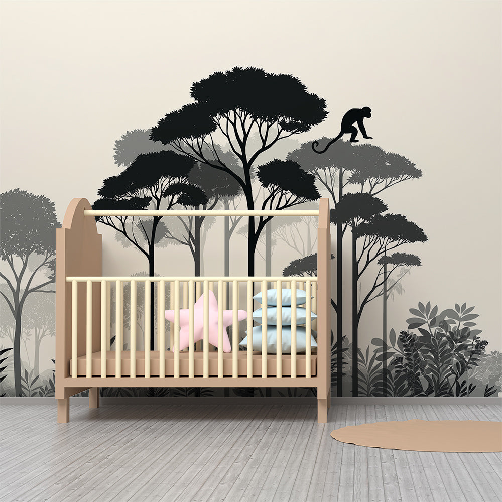 Kids-Mundo silhouette forest treetop monkey mural in a family playroom setting