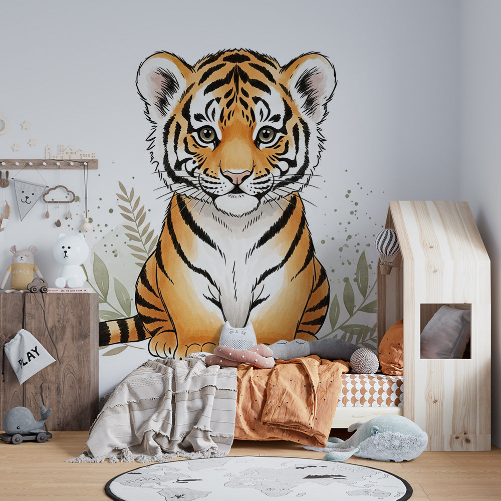 Kids-Mundo sitting tiger cub mural adding a calm, artistic touch to a kids bedroom wall