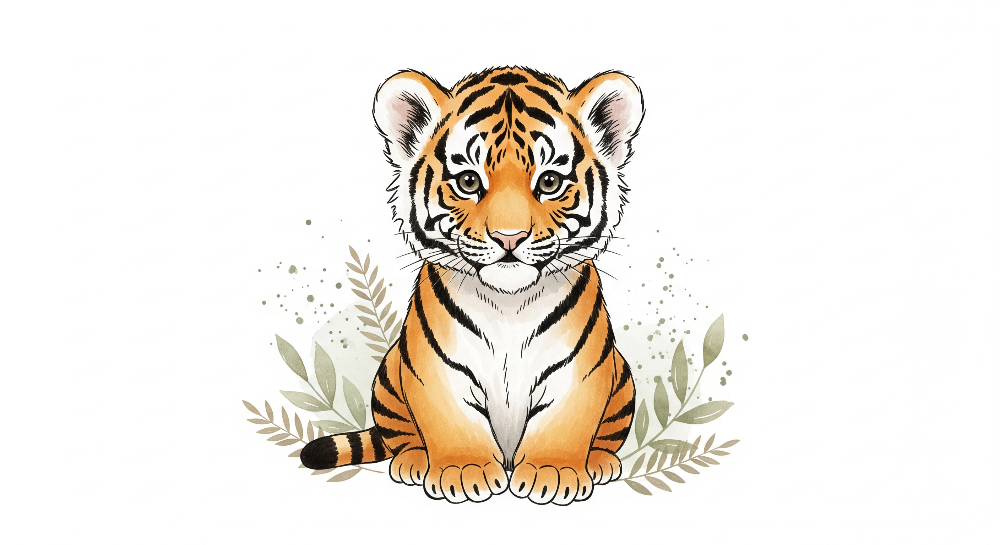 Kids-Mundo watercolour illustration of a tiger cub sitting among soft sage-green leaves design
