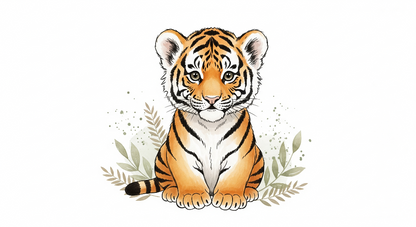 Kids-Mundo watercolour illustration of a tiger cub sitting among soft sage-green leaves design