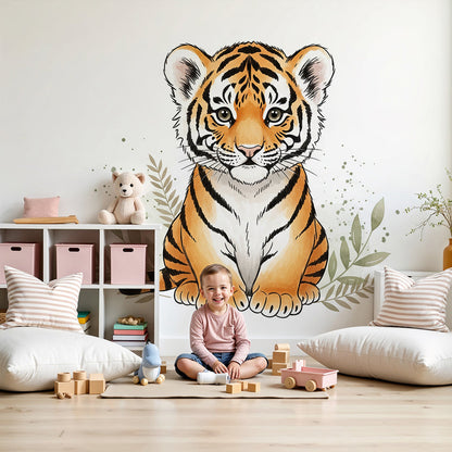 Kids-Mundo watercolour tiger cub wall mural styled in a soft neutral nursery room setting