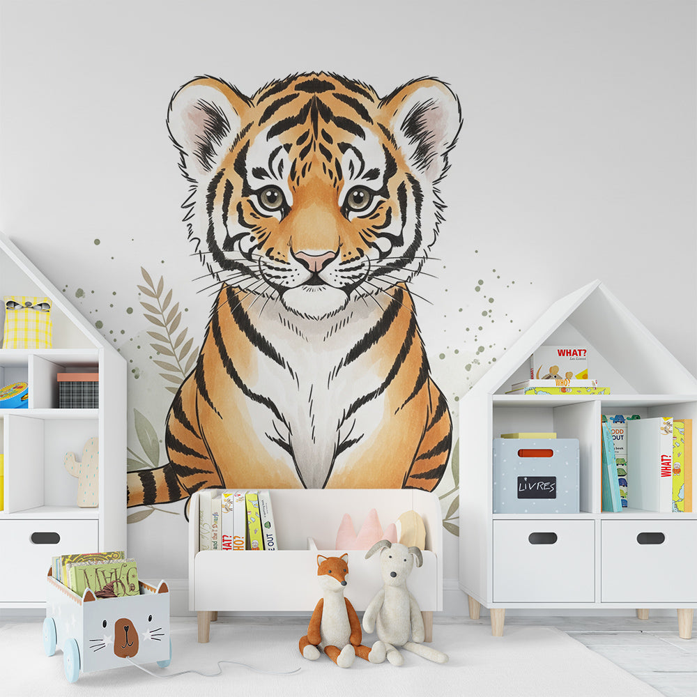 Kids-Mundo hand-painted tiger cub design bringing gentle charm to a children's playroom wall