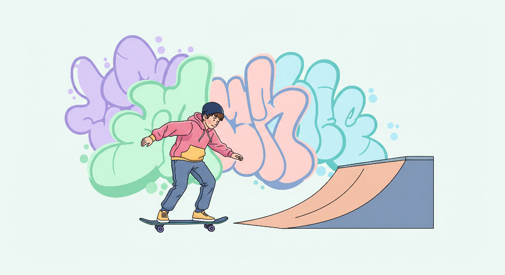 Kids-Mundo flat artwork preview of the skateboard and pastel graffiti clouds wall mural design