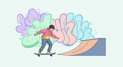 Kids-Mundo flat artwork preview of the skateboard and pastel graffiti clouds wall mural design