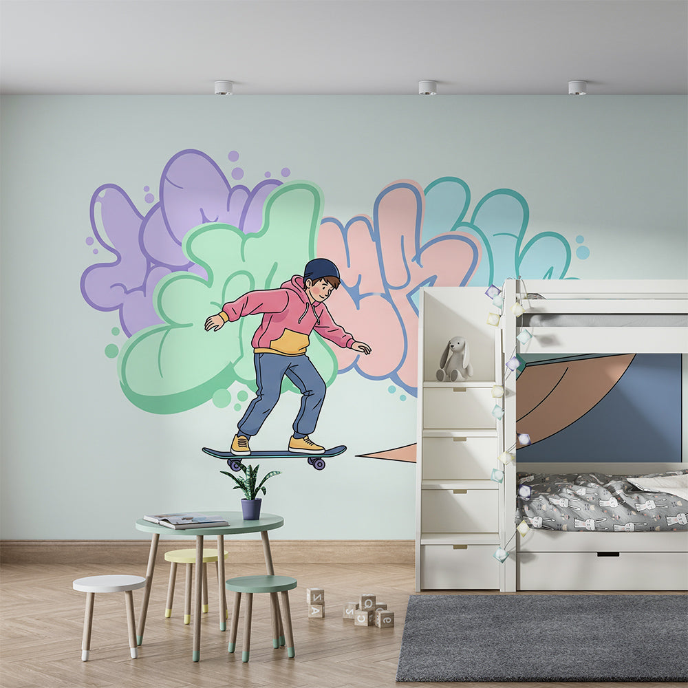 Kids-Mundo skateboard wall mural bringing graffiti-cloud energy to a playroom wall