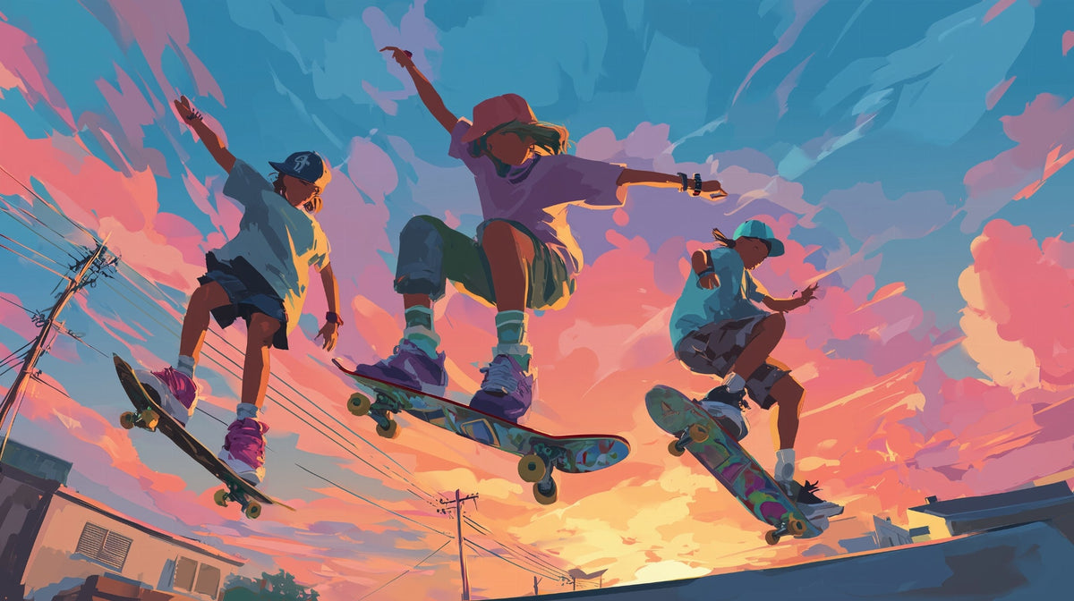 Kids Skateboarding Sunset Sky Wall Mural