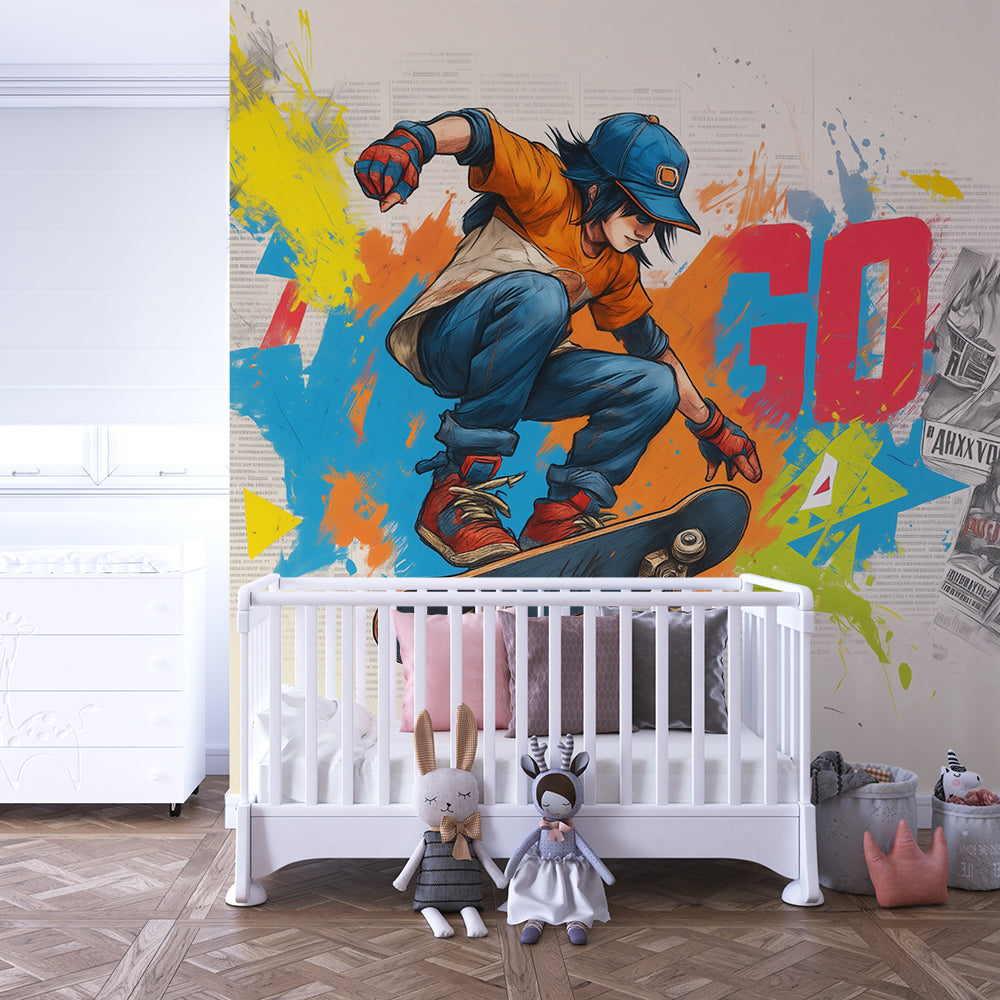 Kids-Mundo skateboarding pop art mural covering the wall of an active child's bedroom