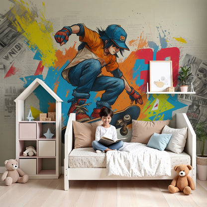 Kids-Mundo skateboard wall mural in a bright nursery with a cot and playful accessories