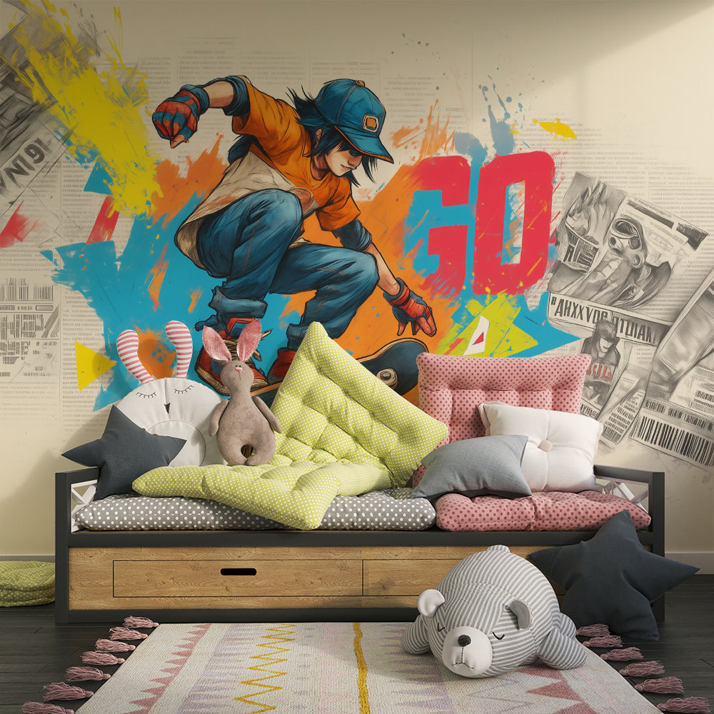 Kids-Mundo skateboard trick mural styled in a colourful playroom with toys and a rug