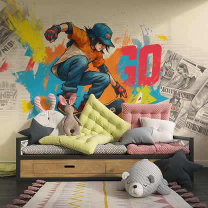 Kids-Mundo skateboard trick mural styled in a colourful playroom with toys and a rug