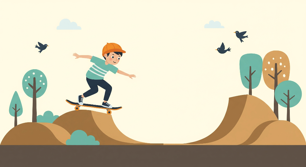 Flat artwork of the Kids-Mundo skater boy wall mural on a ramp with trees and birds