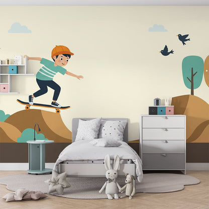 Kids-Mundo skater boy wall mural bringing energetic fun to a lively playroom wall