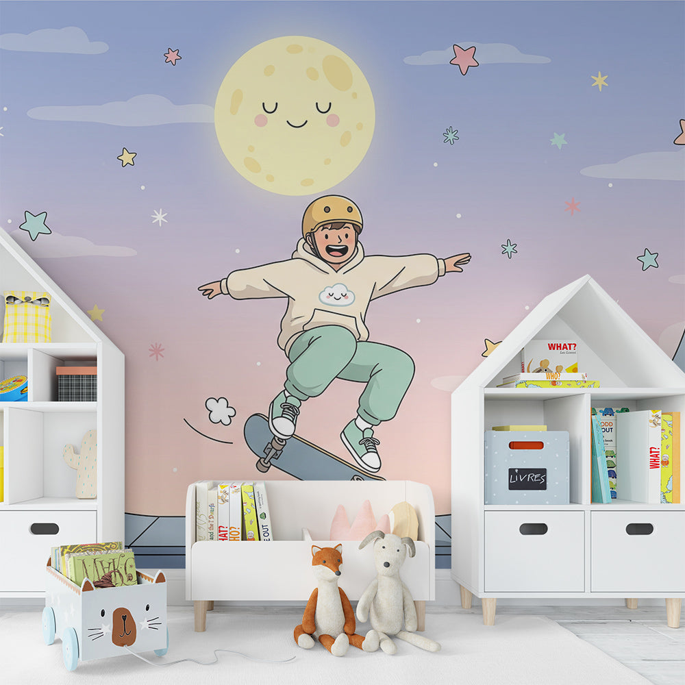 Skateboard moon and stars wall mural by Kids-Mundo behind a bed in a kids bedroom
