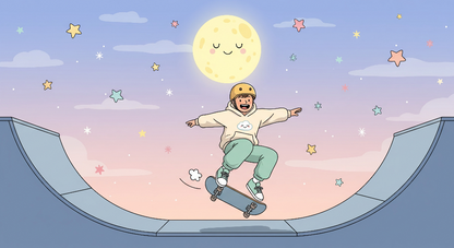 Flat artwork of the Kids-Mundo skater trick under a smiling moon mural design