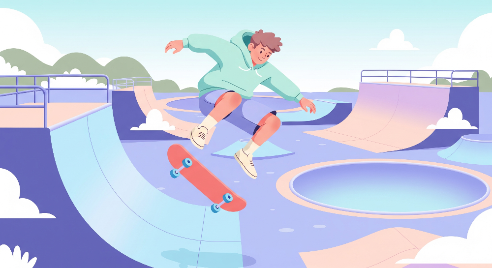 Flat artwork of the Kids-Mundo skateboarder over a purple bowl mural design in full width