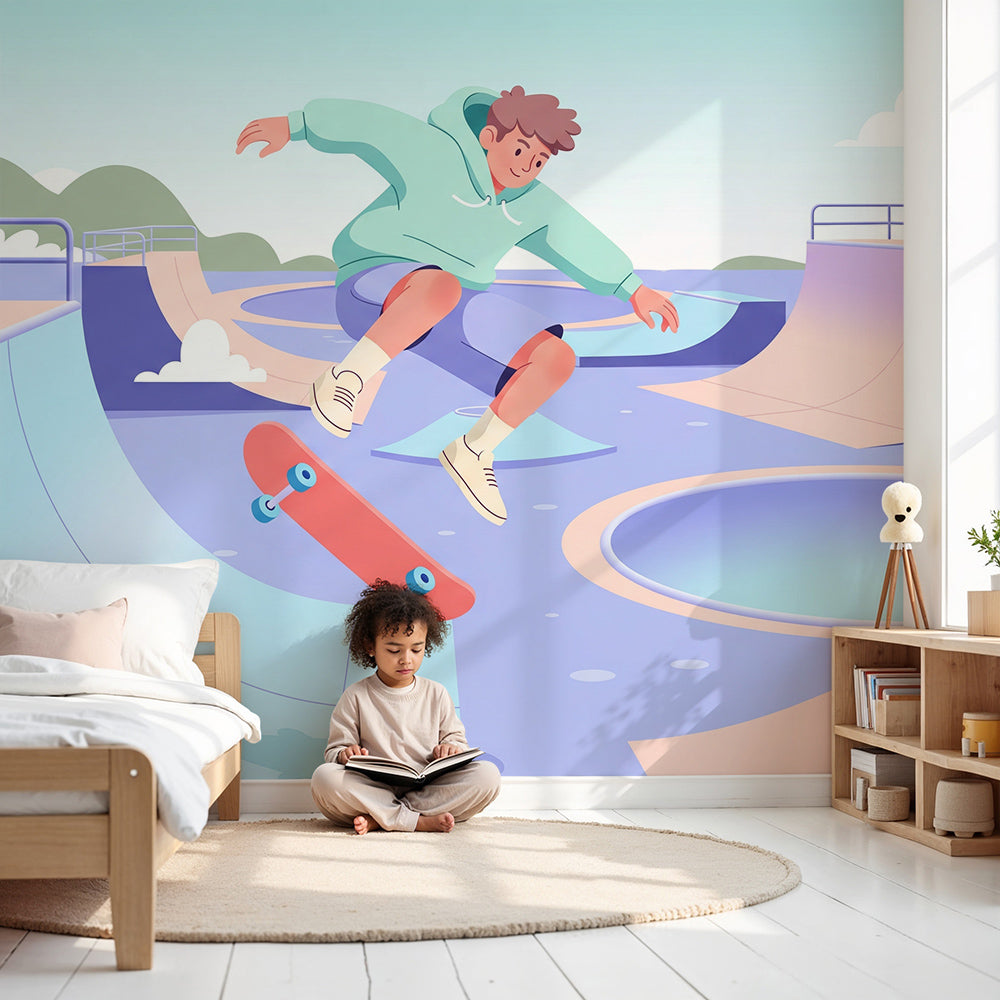 Kids-Mundo purple skatepark bowl wall mural on a nursery wall with soft natural light