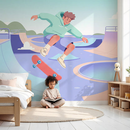 Kids-Mundo purple skatepark bowl wall mural on a nursery wall with soft natural light