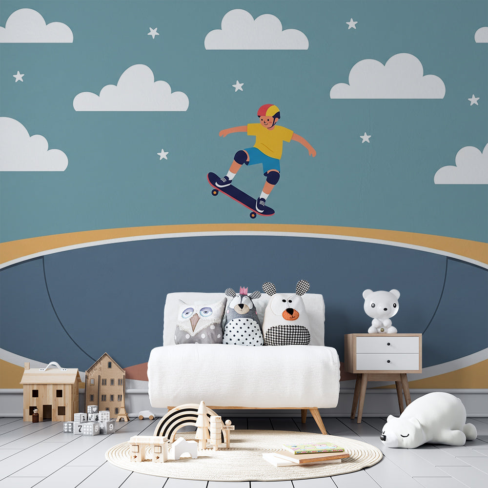 Skateboard gap jump wall mural by Kids-Mundo behind a bed in a child's bedroom