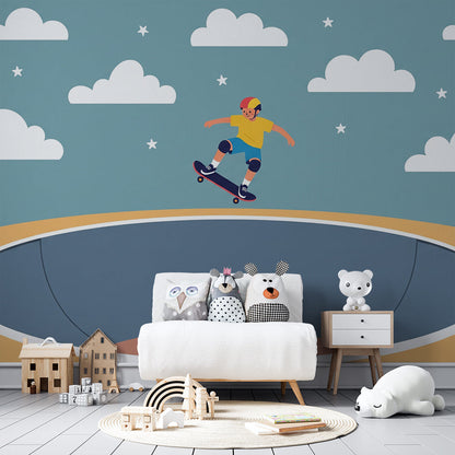 Skateboard gap jump wall mural by Kids-Mundo behind a bed in a child's bedroom