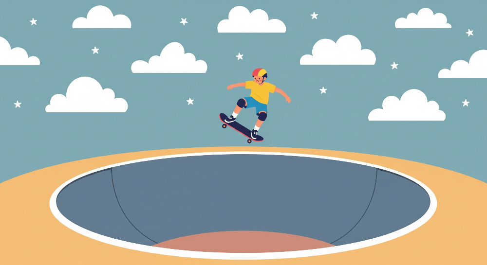 Flat artwork of the Kids-Mundo skateboarder jumping a gap under stars mural design