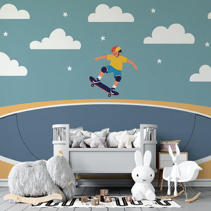 Starry skatepark wall mural from Kids-Mundo covering a playroom wall near a rug
