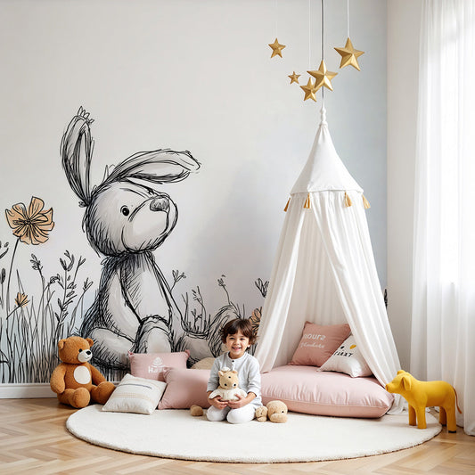 Kids-Mundo bunny wall mural in a soft nursery with a cot and pale wildflower meadow backdrop