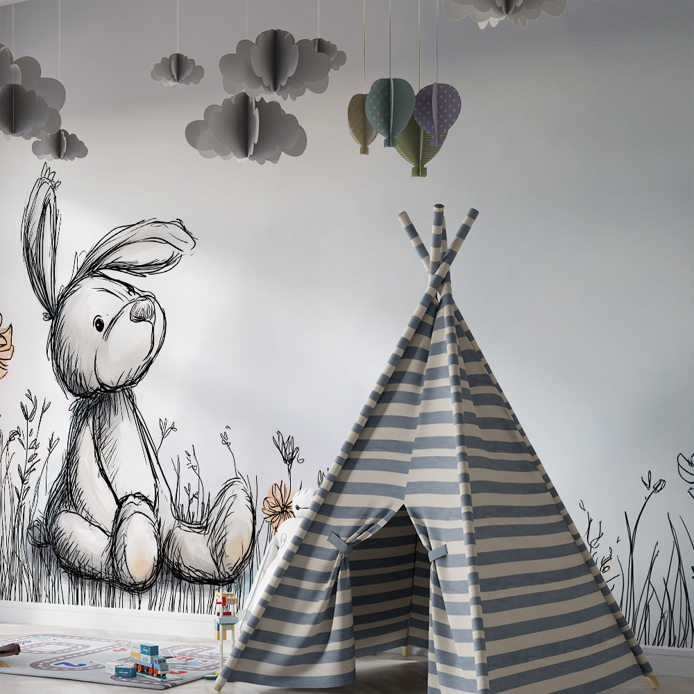 Kids-Mundo bunny wall mural on a wall in a cosy children's playroom reading corner