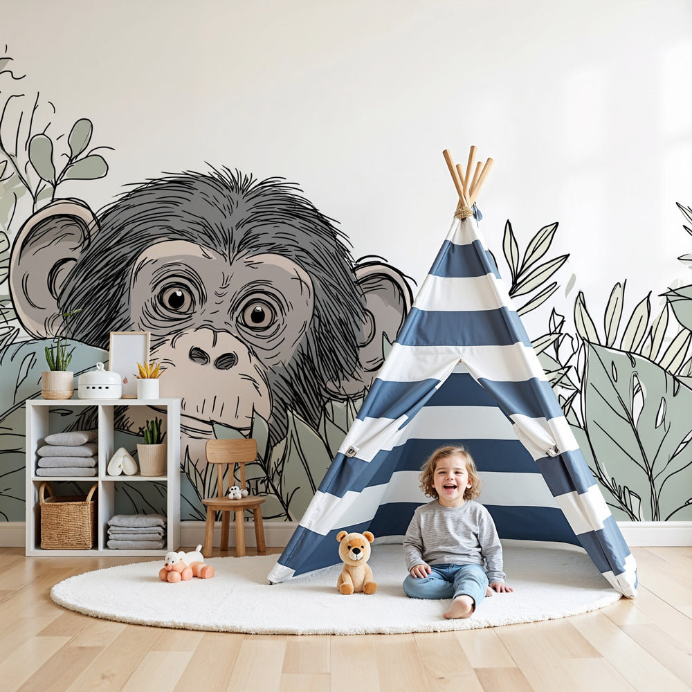 Kids-Mundo sketch-style monkey jungle wall mural shown on a feature wall in a nursery