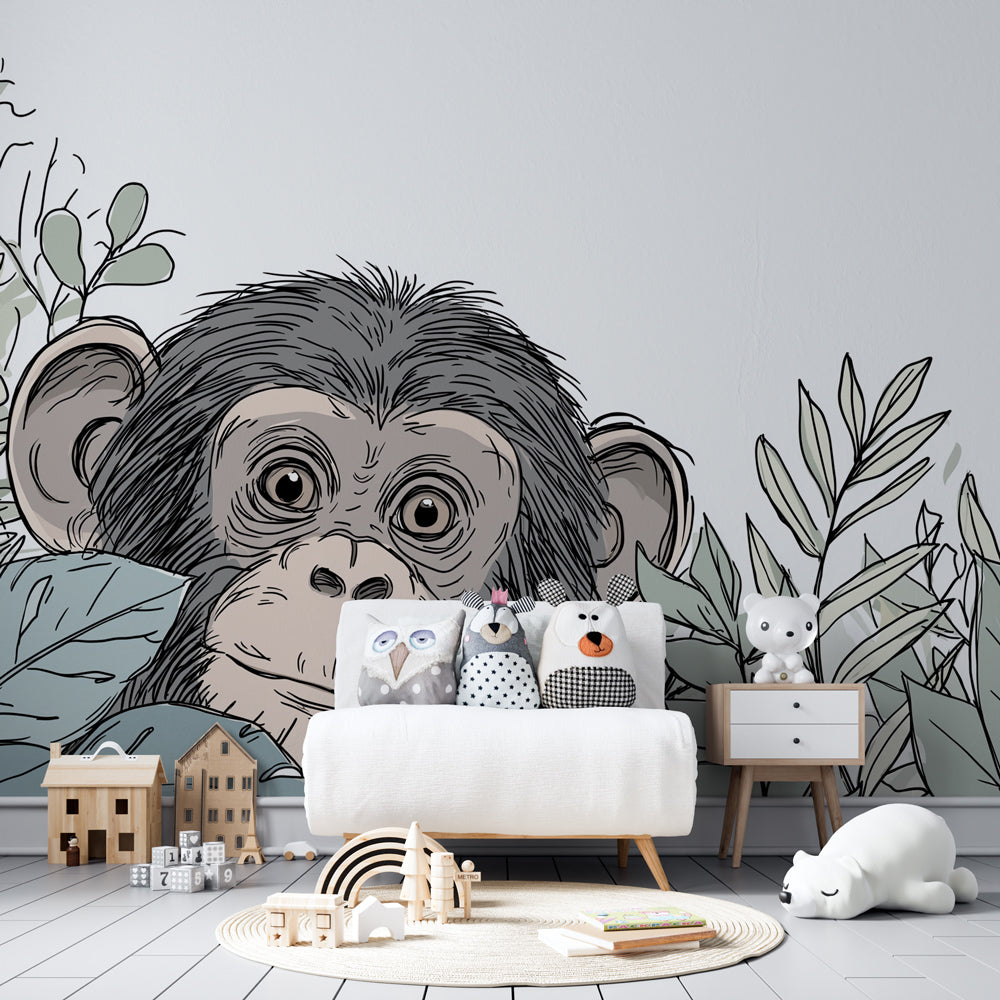 Kids-Mundo sketch-style monkey and leaves wall mural shown in a playroom setting