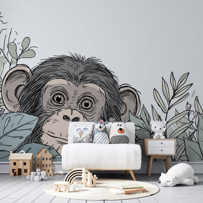 Kids-Mundo sketch-style monkey and leaves wall mural shown in a playroom setting
