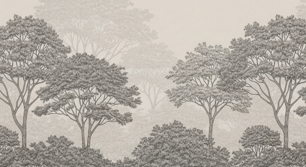 Kids-Mundo hand-sketched grey forest artwork with layered trees fading softly into the mist