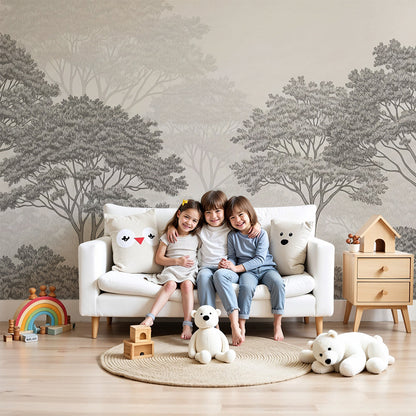 Kids-Mundo hand-sketched grey forest wall mural behind a cot in a calm, softly lit nursery