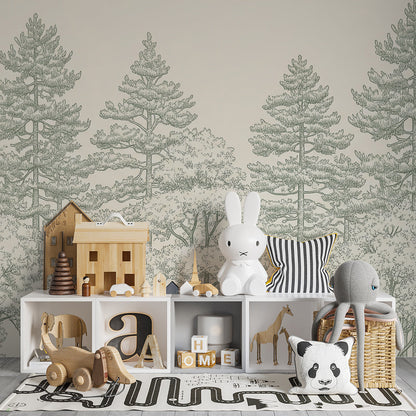 Kids-Mundo botanical pine forest mural covering a feature wall in a kids bedroom