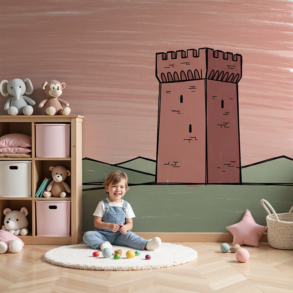 Kids-Mundo sketchy medieval tower wall mural styled in a calm, minimal nursery.