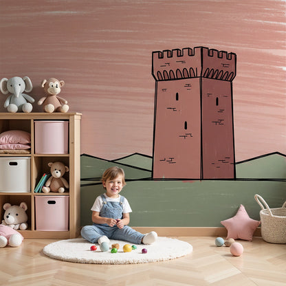 Kids-Mundo sketchy medieval tower wall mural styled in a calm, minimal nursery.