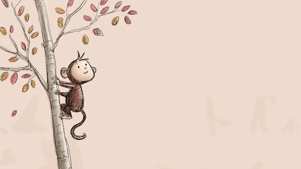 Kids-Mundo flat artwork preview of a sketched monkey climbing an autumn tree on a beige background.