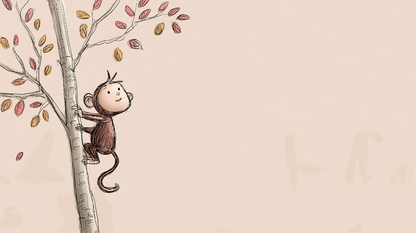 Kids-Mundo flat artwork preview of a sketched monkey climbing an autumn tree on a beige background.