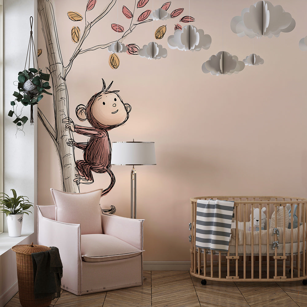 Kids-Mundo hand-sketched monkey and tree mural brightening a playful children's playroom wall.