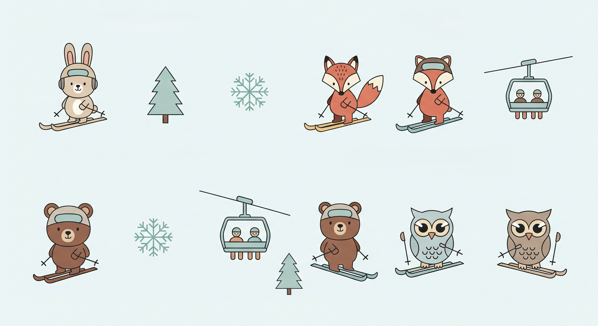 Skiing Rabbit, Fox, Bear and Owl Wall Mural