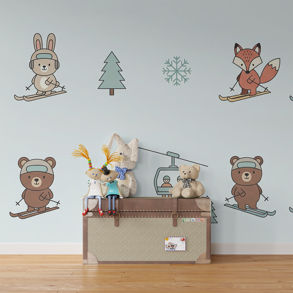 Kids-Mundo skiing rabbit, fox and bear mural adding fun to a playroom wall