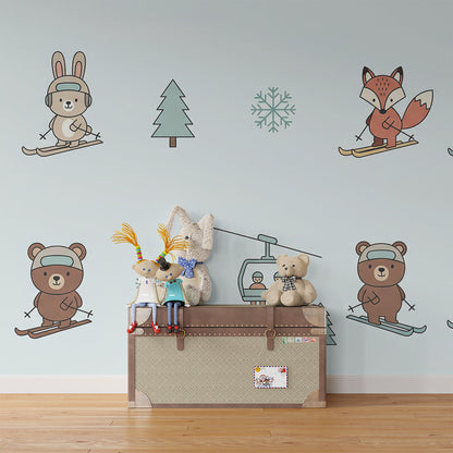 Kids-Mundo skiing rabbit, fox and bear mural adding fun to a playroom wall