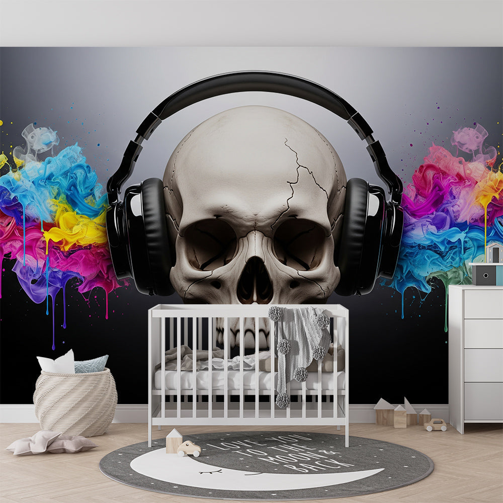 Kids-Mundo skull headphones colour splash wall mural in a vibrant teen bedroom