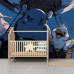 Hot air balloon animal wallpaper creating dreamy atmosphere in children's bedroom decor