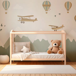 Aviation themed mural wallpaper creating dreamy atmosphere in children's bedroom decor